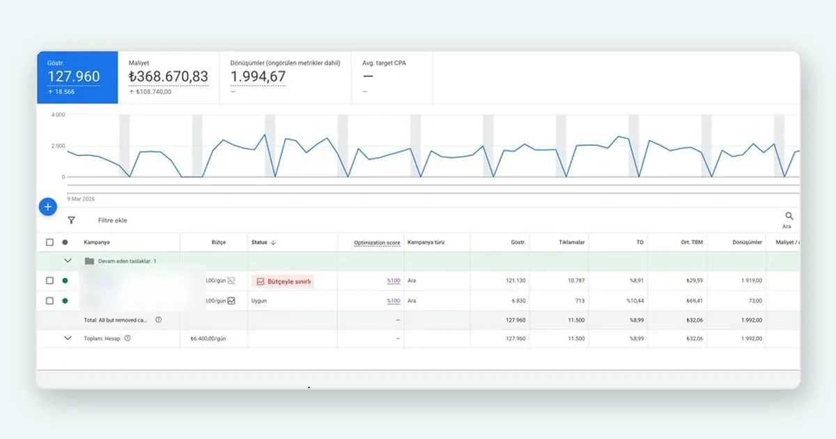 Google Ads kampanya performans ekranında tıklama, maliyet ve dönüşüm grafiği