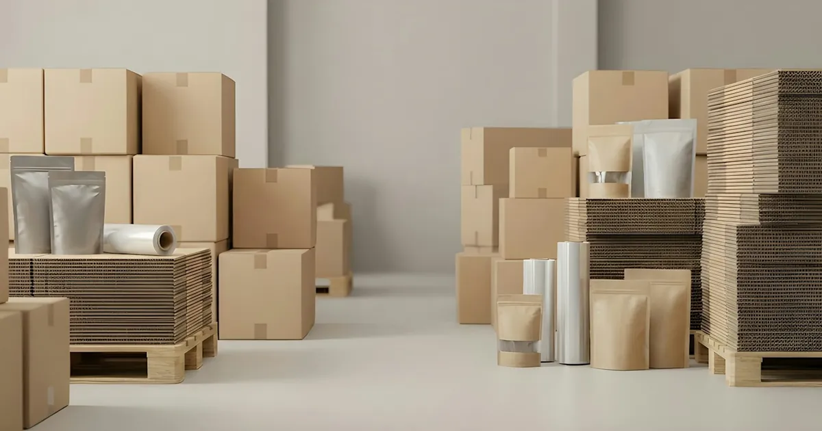 Depoda ahşap paletler üzerinde karton kutular ve paketleme malzemeleri